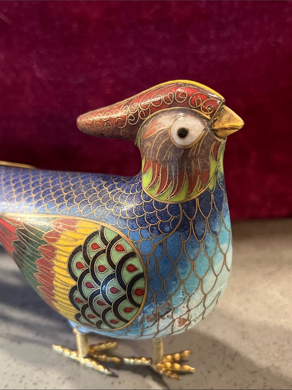 Vintage Chinese Cloisonné Long Tail Bird Figurine Hand Enameled Brass Decor